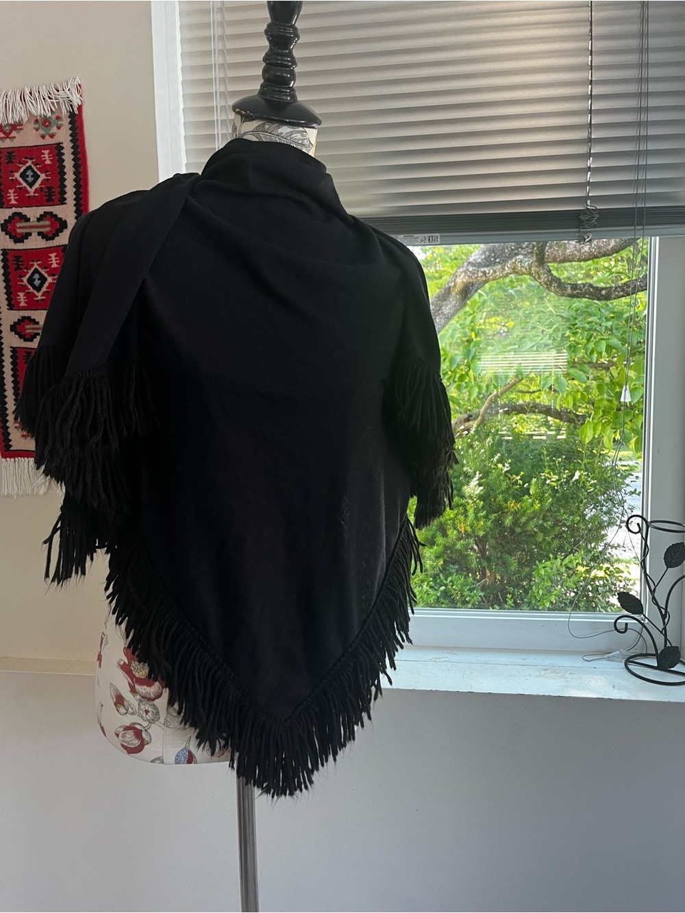 Black Fringe Triangle Shawl Wrap pure wool jersey